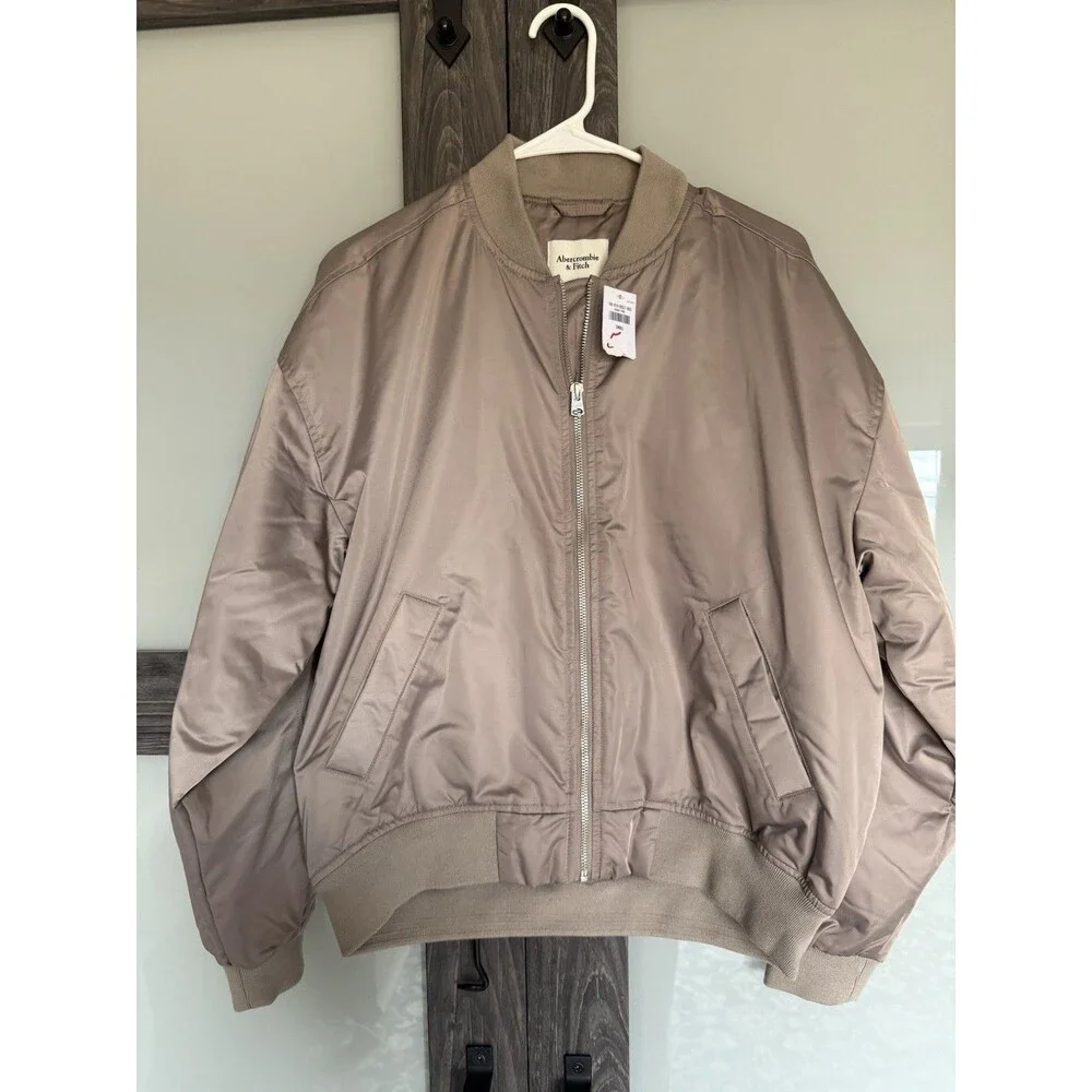 Abercrombie & Fitch Bomber Jacket Small Oversized Taupe Satin Minimalist NWT - Picture 2 of 6